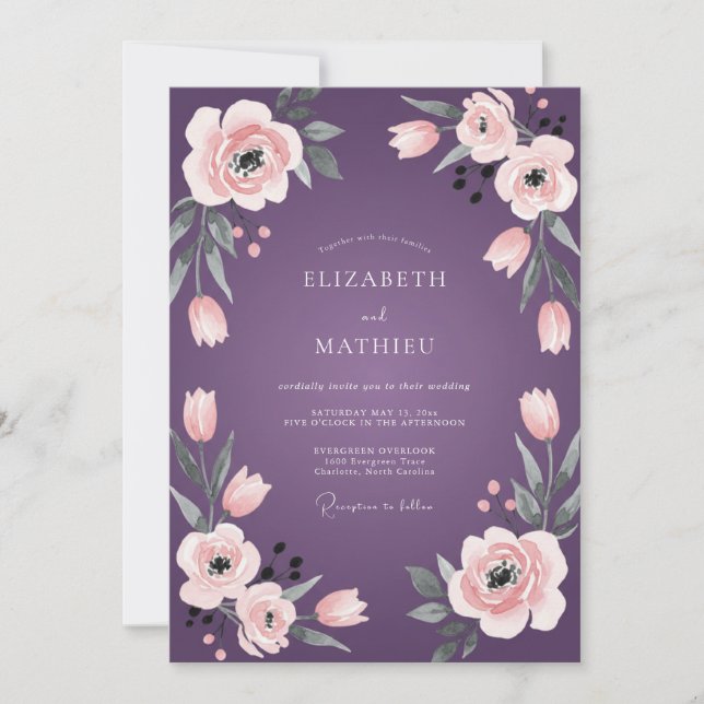 Plum Peach Ranunculus Eucalyptus Wedding Invitation (Front)