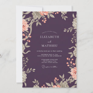 Plum Peach Romantic Floral Wedding Invitation