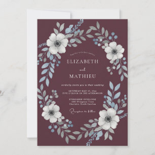 Plum Pearl Silver Wreath Wedding Invitation
