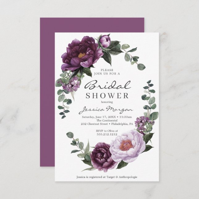 Plum Peonies Bridal Shower Invitation Card (Front/Back)