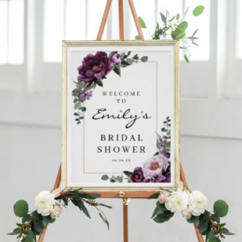Plum Peonies Bridal Shower Welcome Sign by CreativeUnionDesign at Zazzle