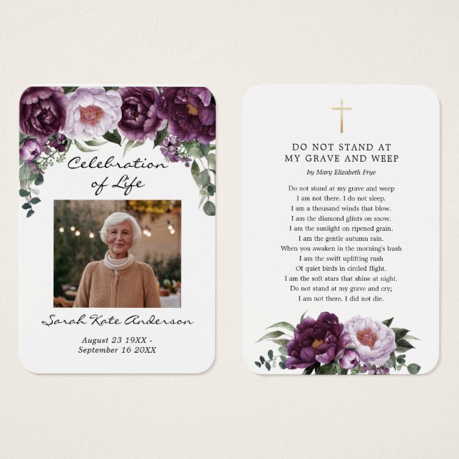 Plum Peonies Funeral In Loving Memory Poem Card (Front & Back)
