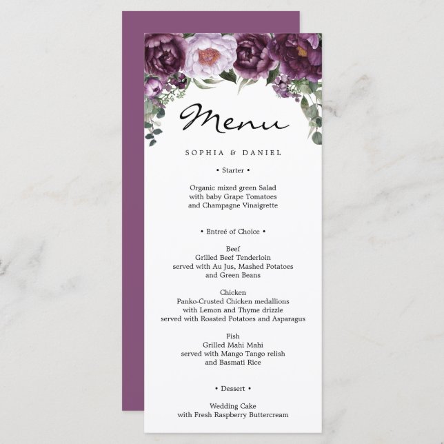 Plum Peonies Wedding Menu Bridal Shower Menu (Front/Back)