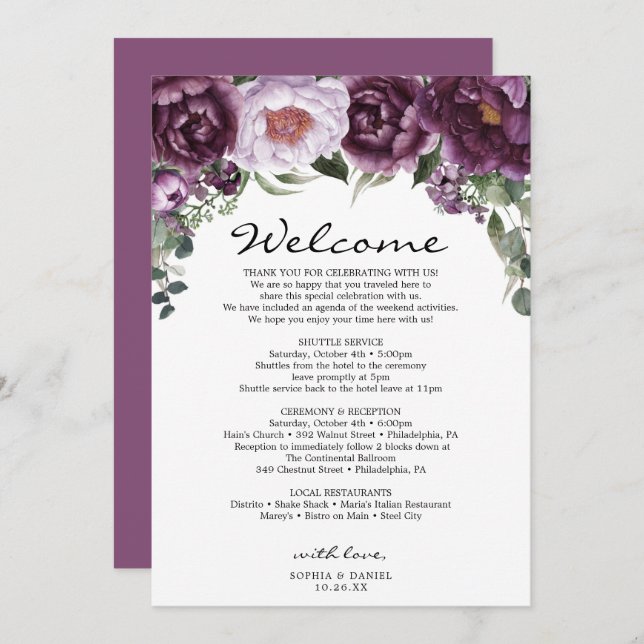Plum Peonies Wedding Welcome Itinerary Program (Front/Back)