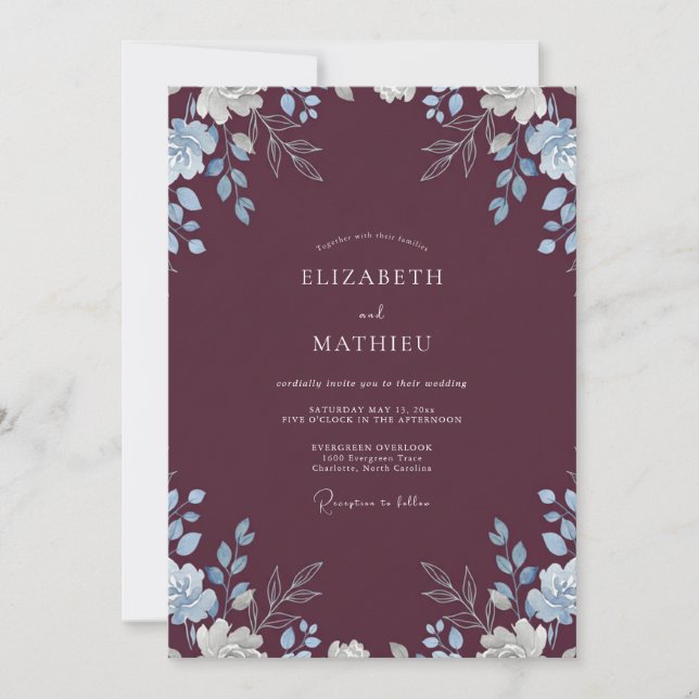 Plum Periwinkle Leafy Wedding Invitation (Front)