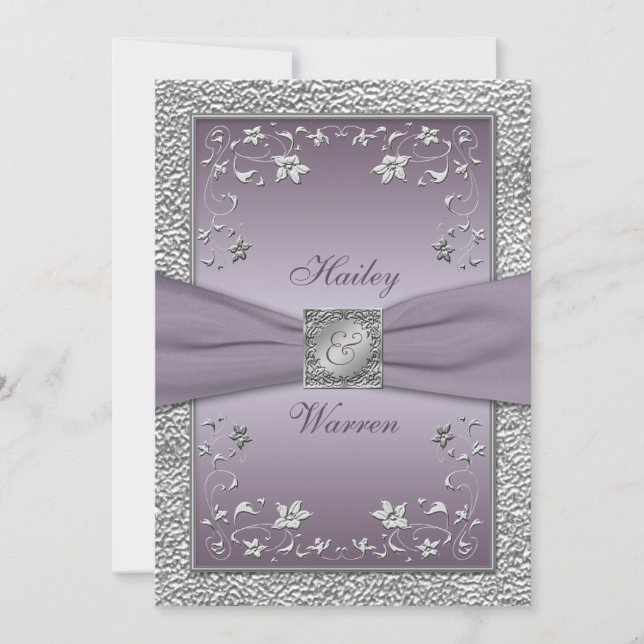 Plum, Pewter Floral Monogrammed Wedding Invite 2 (Front)