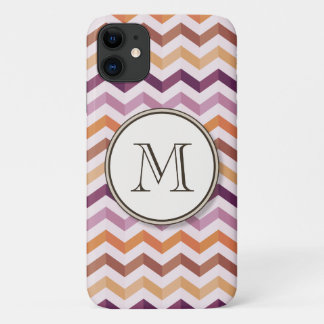 Plum Pink Candy Chevron Stripes and Round Monogram iPhone 11 Case