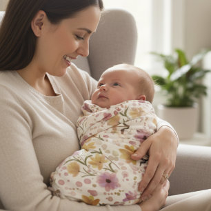 Plum Pink Cream Watercolor Wildflower Baby Blanket