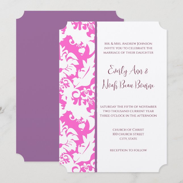 Plum & Pink Damask Wedding Invitations (Front/Back)