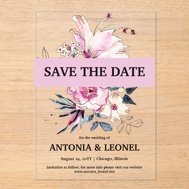 Plum Pink Floral Wedding Save the date (Front)