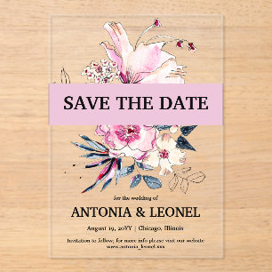 Plum Pink Floral Wedding Save the date Acrylic Invitations
