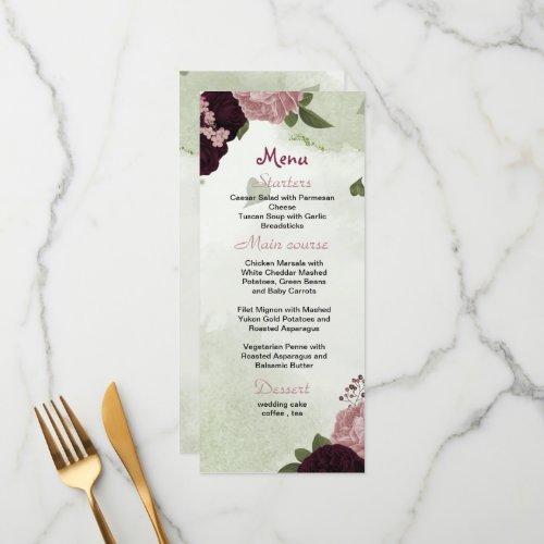 plum pink flowers greenery wedding menu