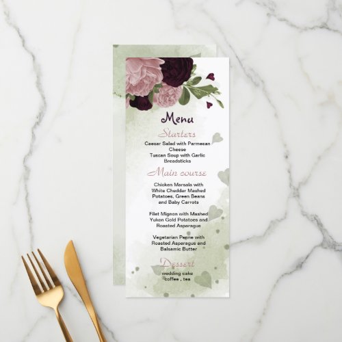 plum pink flowers greenery wedding menu