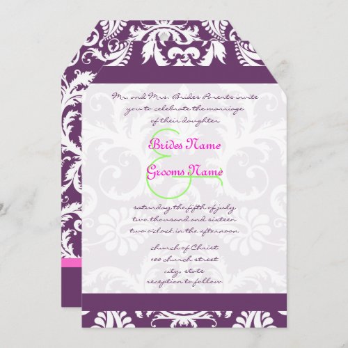 Plum Pink Lime Damask Swirl Wedding Invitations