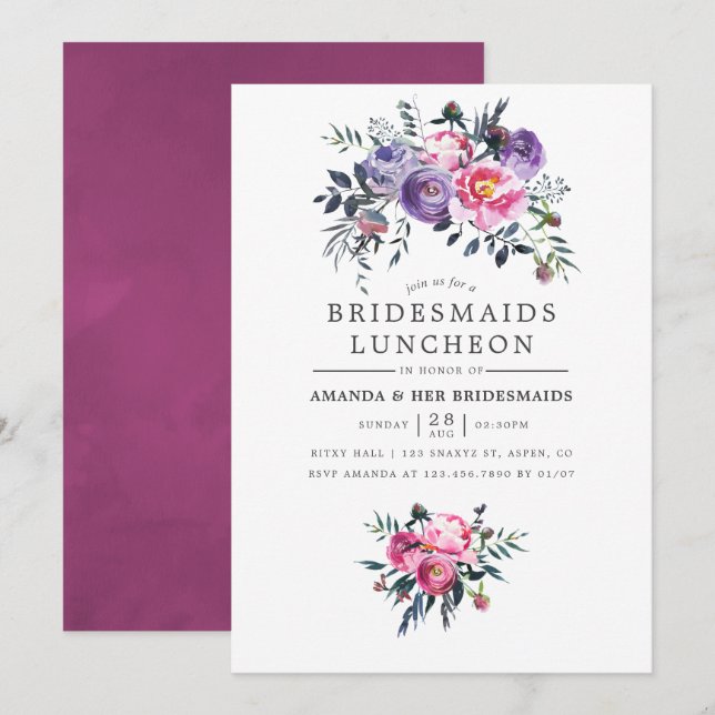 Plum & Pink Watercolor Floral Bridesmaids Luncheon Invitation (Front/Back)