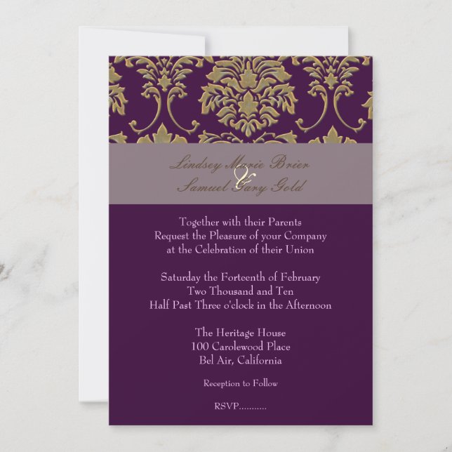 Plum/plum/faux gold damask invitation (Front)