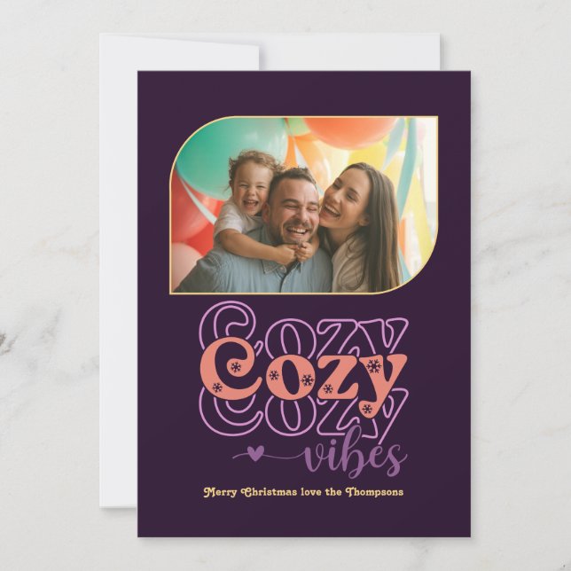 Plum Pop Cozy Vibes Only Christmas Photo Holiday Card (Front)