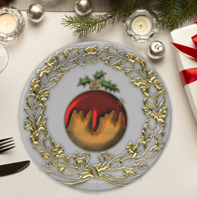 Plum Pudding and Gold Wreath Christmas Paper Plates (Creator Uploaded)