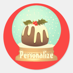 Plum pudding snow globe winter cake red green classic round sticker