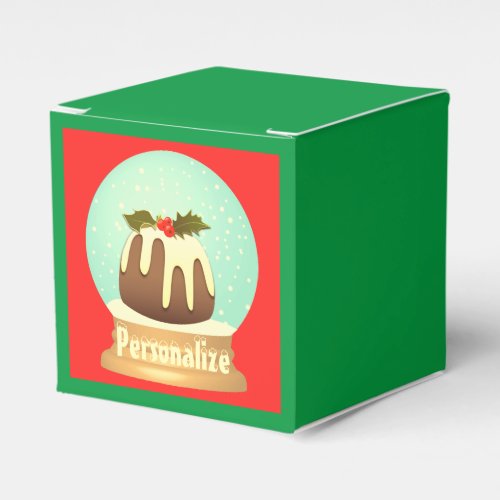 Plum pudding snow globe winter cake red green favor boxes