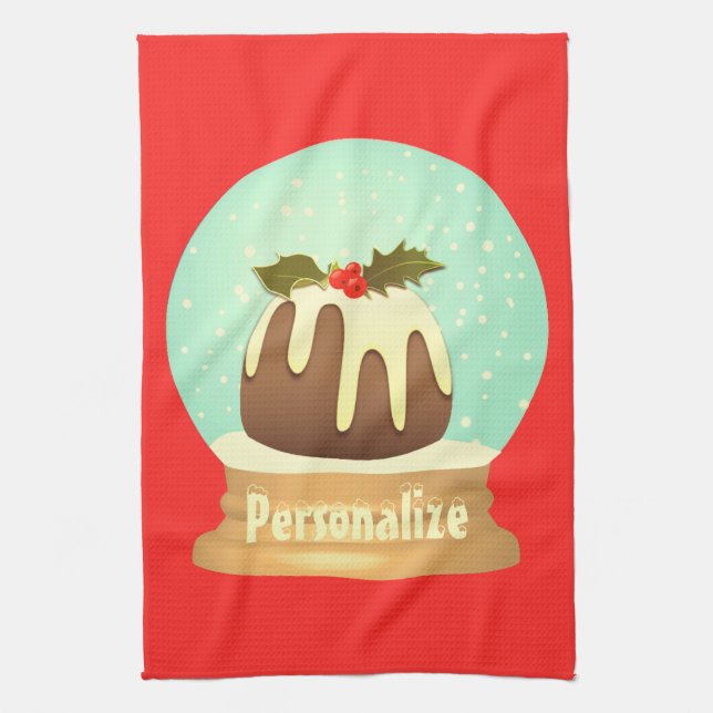 Plum pudding snow globe winter cake red green kitchen towel (Vertical)