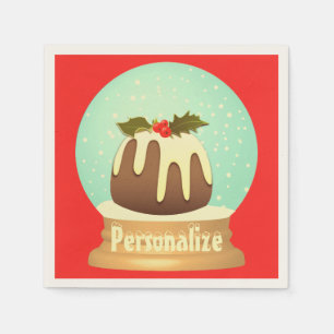 Plum pudding snow globe winter cake red green napkins