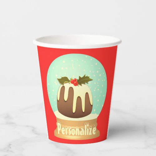 Plum pudding snow globe winter cake red green  paper cups