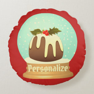 Plum pudding snow globe winter cake red green round pillow