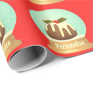 Plum pudding snow globe winter cake red green wrapping paper