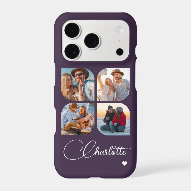 Plum Purple 4 Photo Personalized Name Case-Mate iPhone Case (Back)