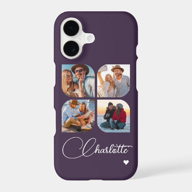 Plum Purple 4 Photo Personalized Name Case-Mate iPhone Case (Back)