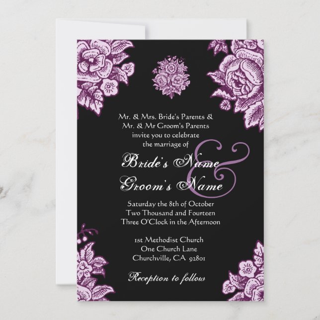 Plum Purple and Black Vintage Flowers Wedding Invitation (Front)