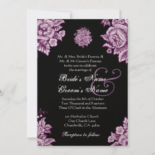 Plum Purple and Black Vintage Flowers Wedding Invitation