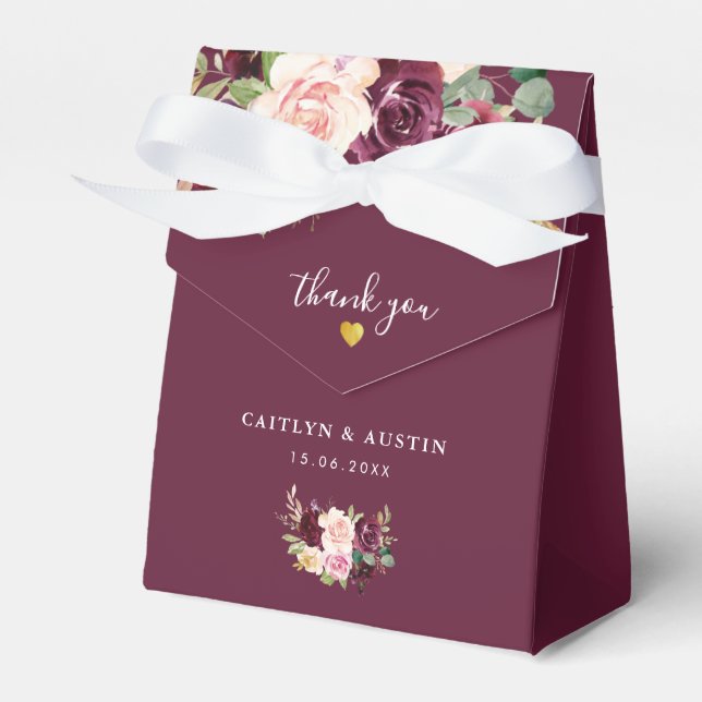 plum purple and blush floral wedding favor box (Front Side)