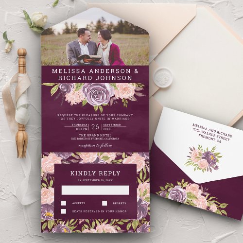 Plum Purple and Blush Pink Floral Wedding Photo All In One Invitation
