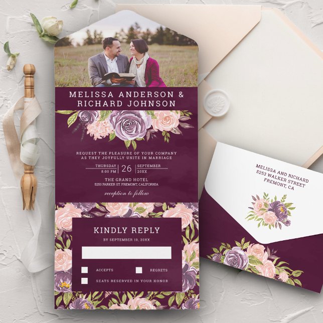 Plum Purple and Blush Pink Floral Wedding Photo All In One Invitation (Creator Uploaded)