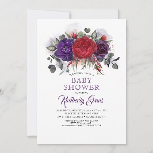 Plum Purple and Burgundy Floral Fall Baby Shower Invitation