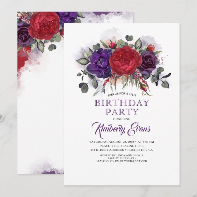 Plum Purple and Burgundy Floral Fall Birthday Invitation (Front/Back)