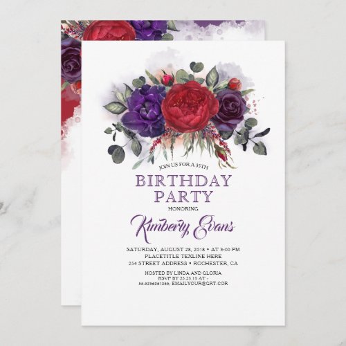 Plum Purple and Burgundy Floral Fall Birthday Invitation