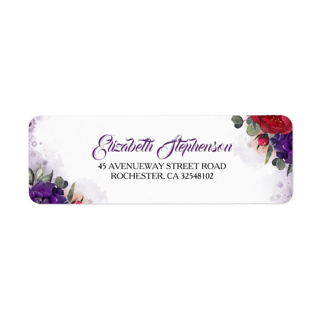 Plum Purple and Burgundy Red Floral Modern Chic Label (Front)