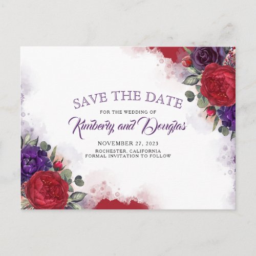 Plum Purple and Burgundy Red Floral Save the Date Announcement Postcard