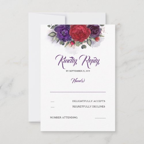 Plum Purple and Burgundy Red Floral Wedding RSVP