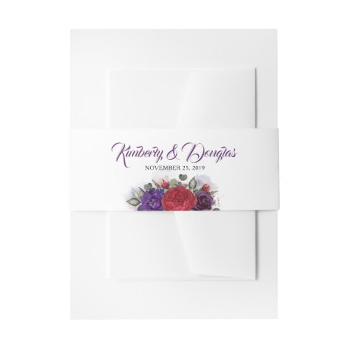 Plum Purple and Burgundy Red Florals Wedding Invitation Belly Band