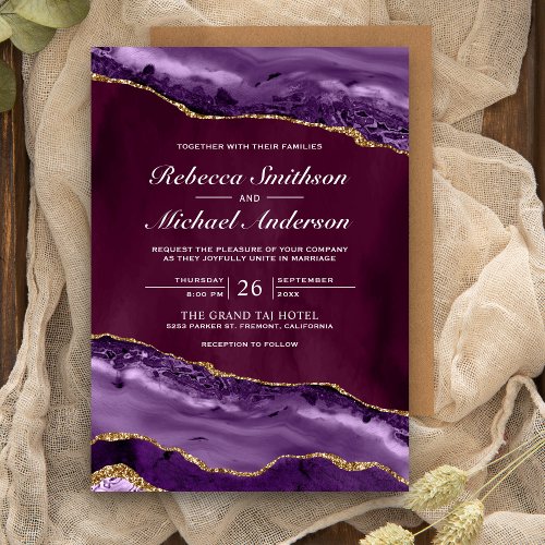 Plum Purple and Gold Agate Marble Wedding Invitation