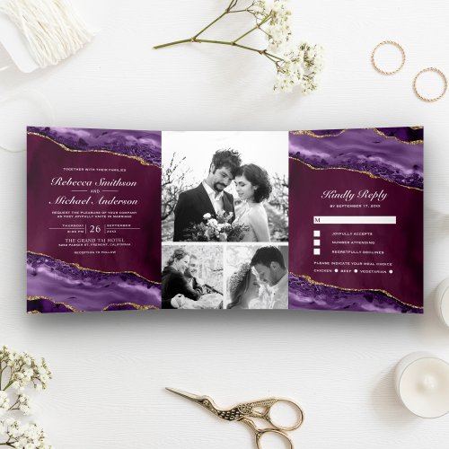 Plum Purple and Gold Agate Photo Collage Wedding Tri_Fold Invitation