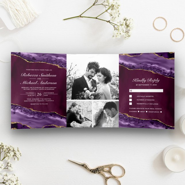 Plum, Purple and Gold Agate Photo Collage Wedding Tri-Fold Invitation (Creator Uploaded)