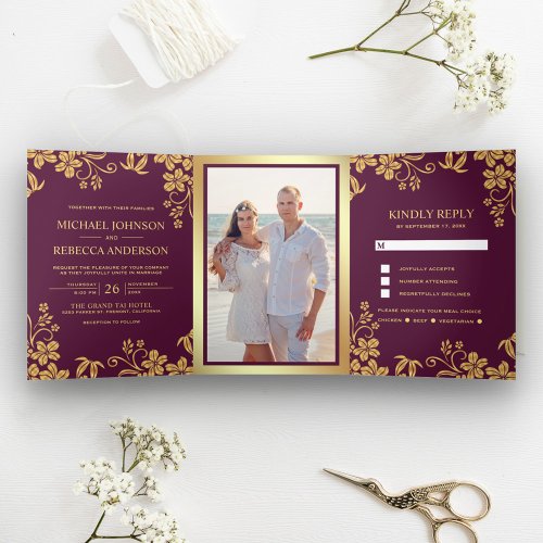 Plum Purple and Gold Foil Floral Leaves Wedding Tri_Fold Invitation