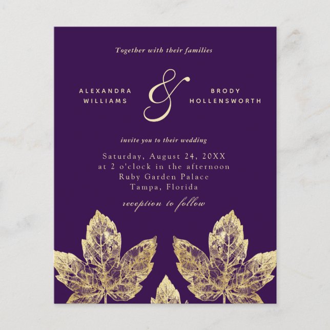 Plum Purple And Gold Rustic Leaves Wedding Invite (Front)