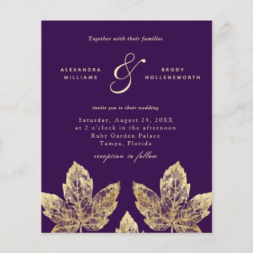 Plum Purple And Gold Rustic Leaves Wedding Invite