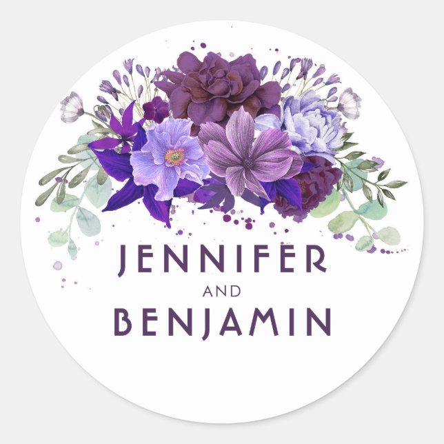 Plum Purple and Lavender Floral Wedding Classic Round Sticker (Front)